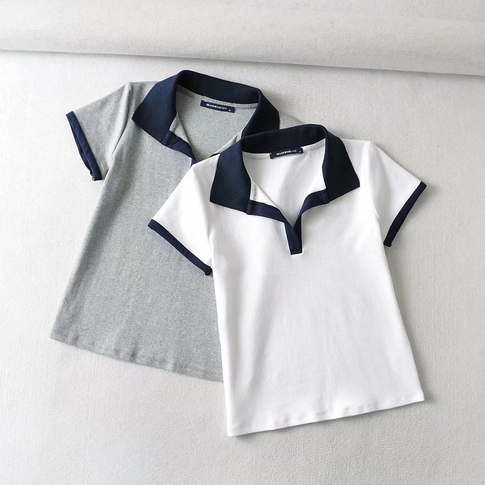 8930-2021 Autumn New Women's Wear, European and American fashion retro BM short-sleeved polo collar slim T-shirt top