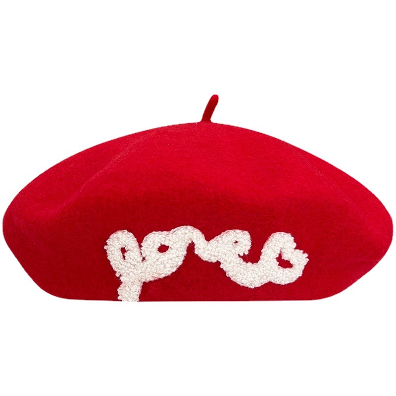 Bordado de letras japonés boina de lana roja niños otoño invierno cálido versátil inglés vintage tweed pintor sombrero Item Picture