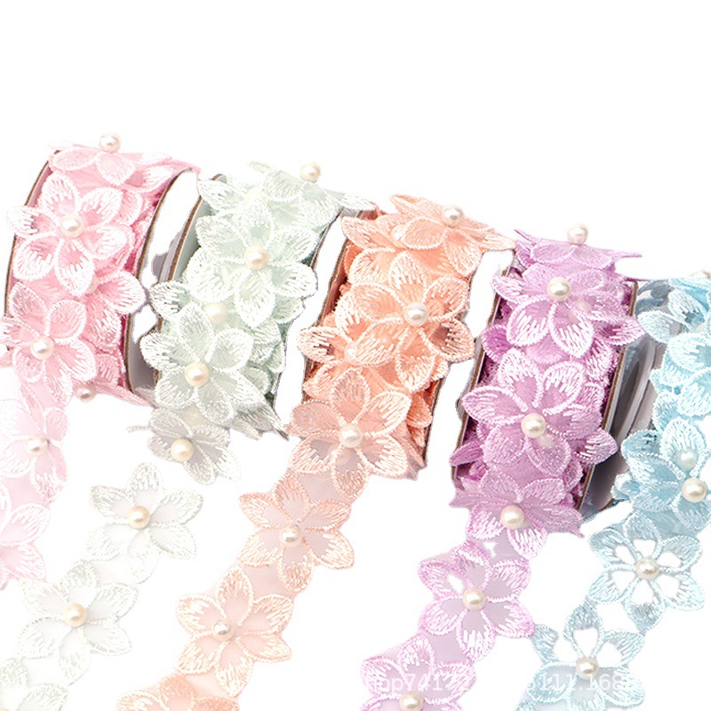 En stock 3,3 cm sola capa bordada flor flor seis pétalos pegado encaje perla encaje de organza diy vestido de pomo Item Picture