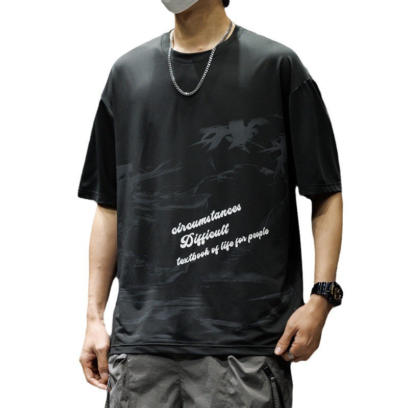 Summer short-sleeved men's T-shirt, thin, casual and loose half-sleeve T-shirt, creative trendy brand round-neck five-quarter sleeve T-shirt for men Item Picture