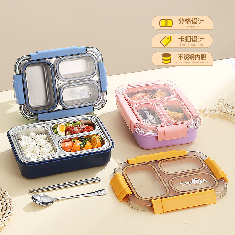 跨境热卖独立密封3格不锈钢饭盒 lunchbox不串味学生白领便当餐盒