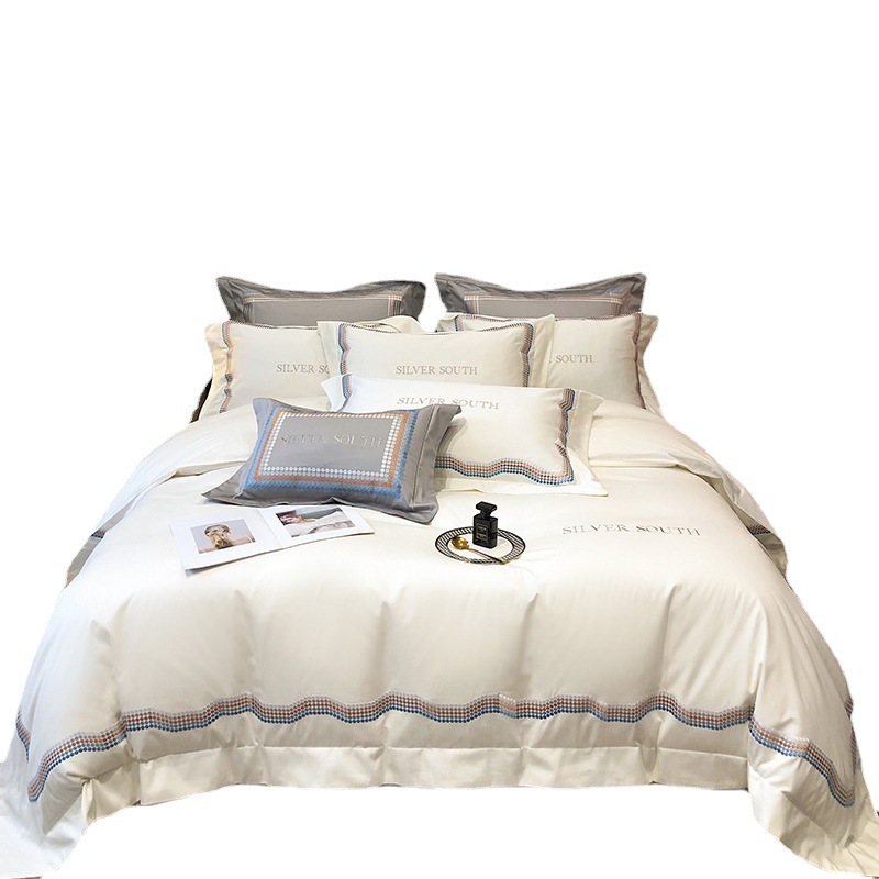 High-end 100-count long-staple cotton four-piece set, pure cotton 100% bed sheet, light luxury high-end embroidered duvet cover bedding Item Picture