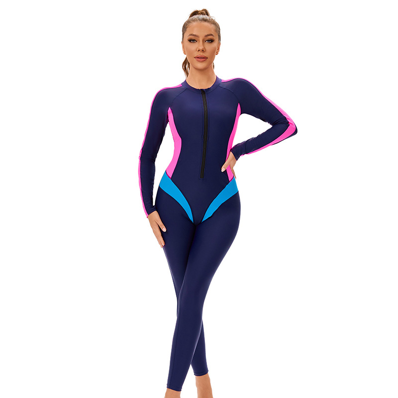 New color-block one-piece Muslim swimsuit for women, cross-border long-sleeved and long-sleeved trousers, conservative full-body zip-up swimsuit Specification image