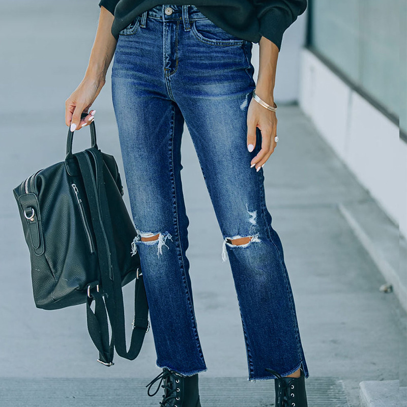 2023 Cross-border women's clothing Autumn and winter Rebound slimming high-waisted cigarette tube jeans New fitted split nine-inch women's jeans