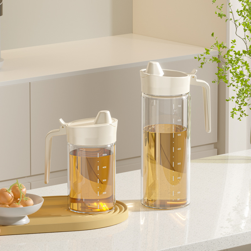 Kitchen cream-style glass oil pot with large capacity, thickened, no oil sticking, leak-proof, household food-grade oil, salt, soy sauce, vinegar and oil pot