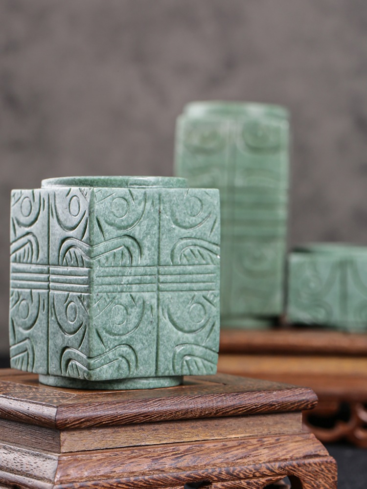 Natural jade cong green jade ornaments original stone nostalgic ornaments Study home living room office desktop offering ornaments details Picture