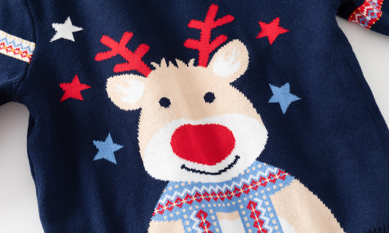 欧美风童装男童圣诞小鹿套头毛衣秋新款跨境直供儿童彩条袖针织衫详情图3
