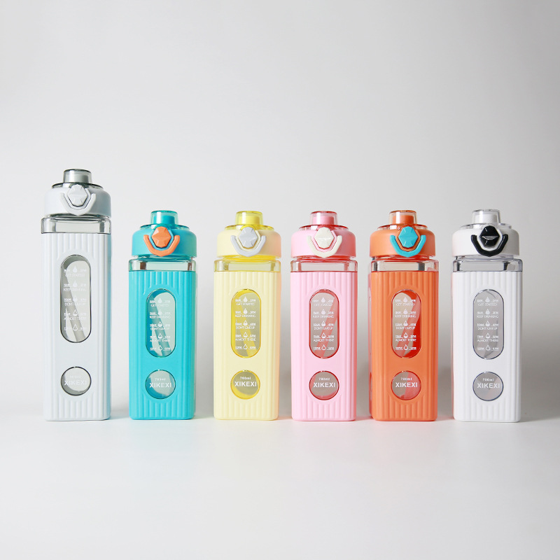 亚马逊创意水杯弹盖手提方形水杯 男户外运动直饮水壶 学生太空杯