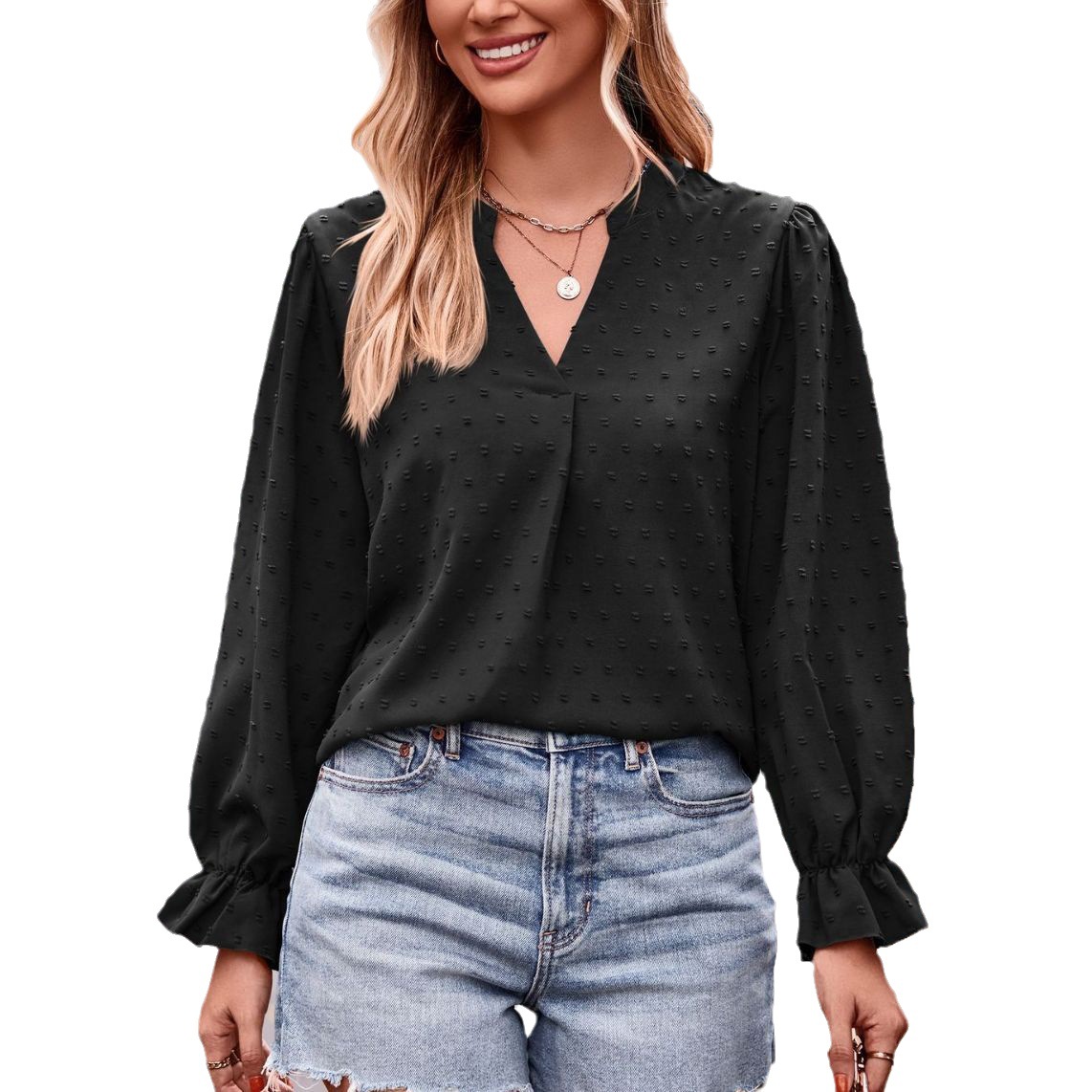 New autumn 2023 European and American foreign trade women's clothing Amazon jacquard T-shirt V-neck loose long-sleeved umbrella sleeve top Application Scenario