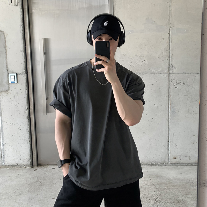 ASCLO新款夏季休闲简约高级感重磅T恤宽松纯色百搭潮流男士圆领