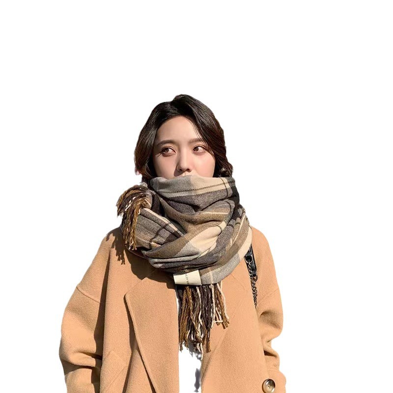 Lovers Korean Plaid Imitation Cashmere Scarf Women's New Autumn And Winter Thick Warm Shawl With Tassel Medium-Long Neck Item Picture