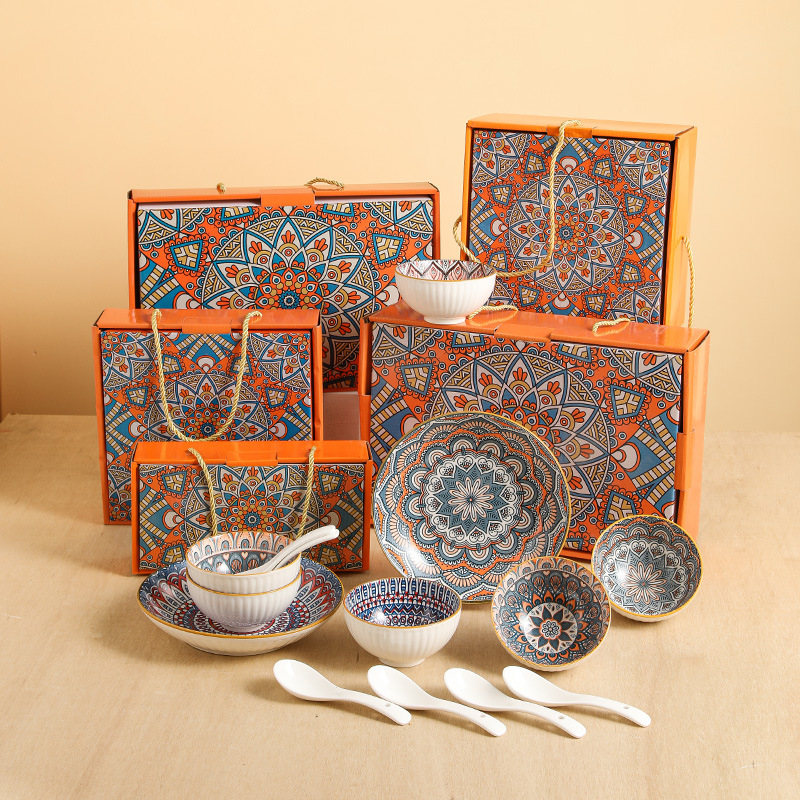 波西米亚风陶瓷碗盘勺餐具礼盒装活动手拌礼品可印LOGO