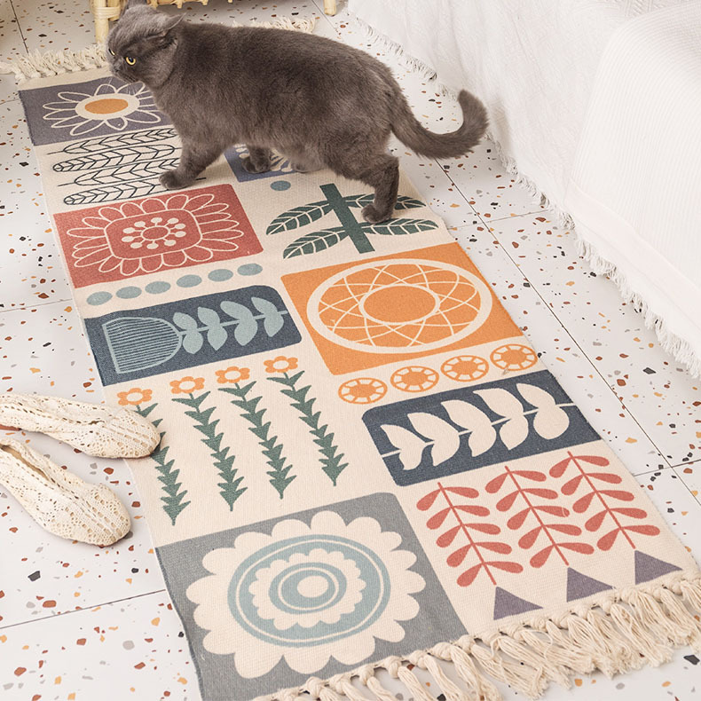 Cartoon Cotton Linen Bedroom Bedside Foot Mat Fringe Long Floor Mat Living Room Sofa Rug Tatami Mat Machine Washable
