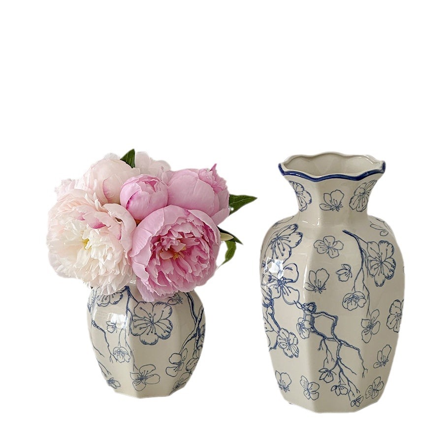 New blue and white porcelain ceramic vases, new Chinese-style ornaments, living room flower arrangements, entrance hall decorations, ancient-style simulated peonies Item Picture