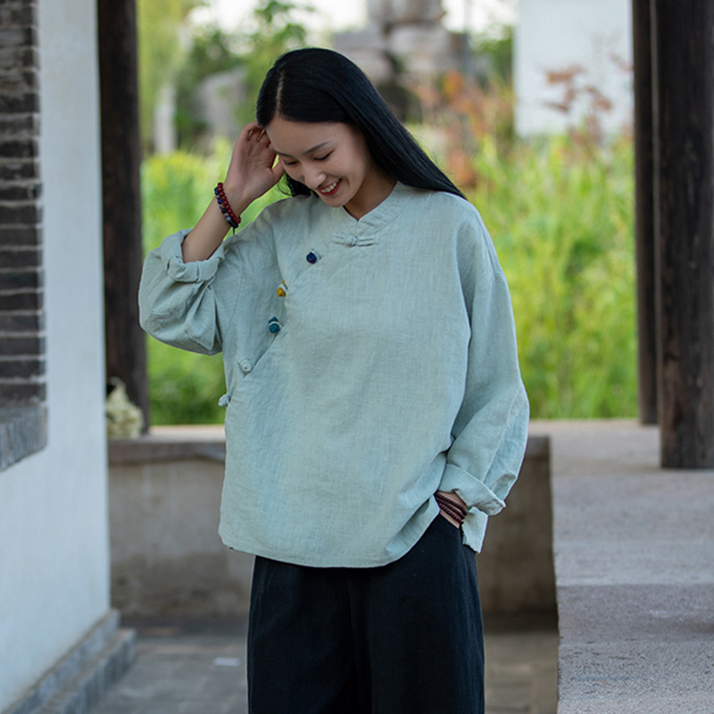 2023 Autumn New Retro National Style Color Plate Buckle Stand Collar Sand Washed Ramie Shirt Shirt Work Dress Women's Tea Application Scenario