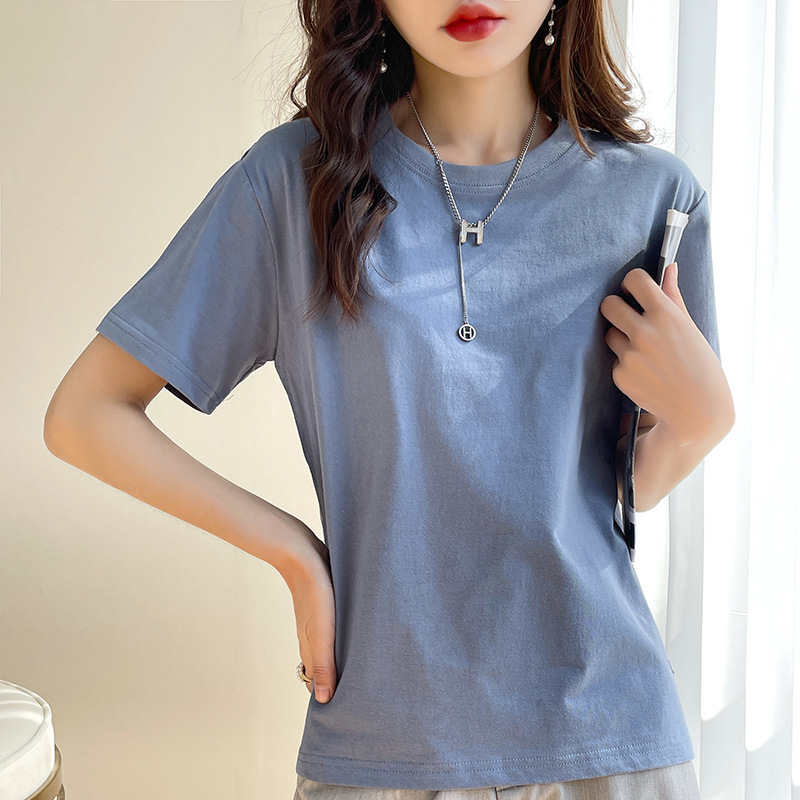 Camiseta de manga corta de hilo de algodón mujer cuello redondo manga larga casual bifurcación camiseta verano nuevo trendy Specification image
