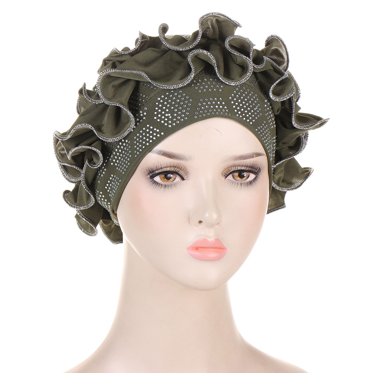 Europe And The United States Cross-Border New Solid Color Hot Diamond Lace Disk Forehead Full Cap Diamond Head Hat Spot Specification drawing
