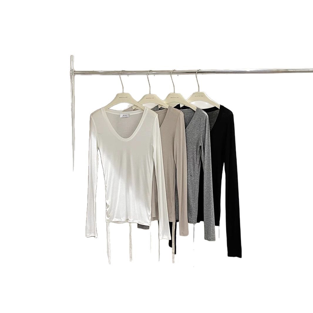 Early spring new collection of 2025, a simple and laid-back two-wear T-shirt with a basic U-neck and a large ribbon for women Item Picture