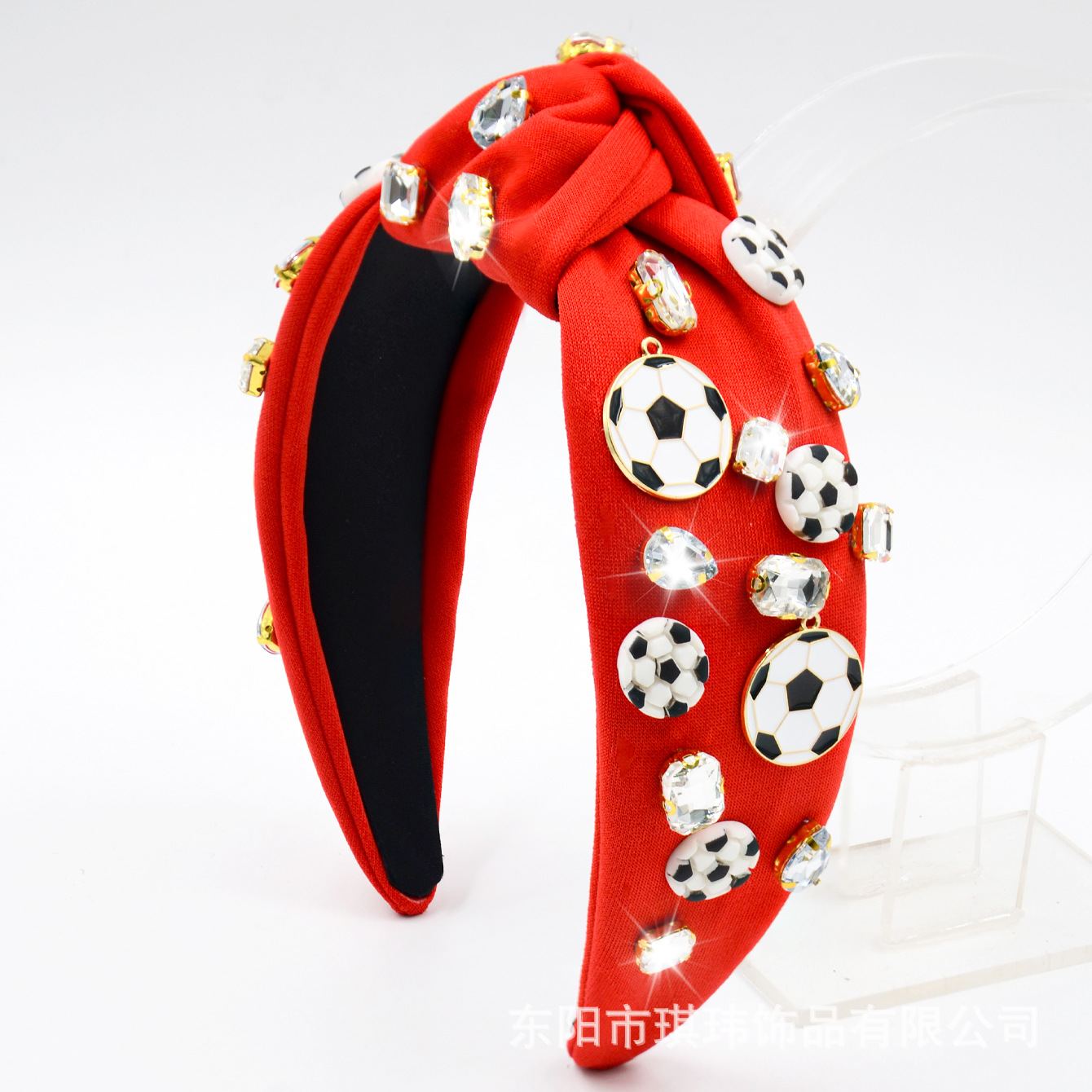 Qiwei Accessories' exclusive cross-border new ball game headband fabric wide edge knot paired with water diamond football oil drip accessories is a fashionable and versatile hair accessory details Picture