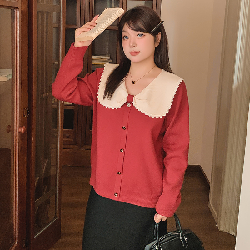 Plus-size women's dress with a contrasting color doll-neck top, a casual and elegant sweater for women, 2024 winter collection, a knitted sweater for chubby girls, 22660