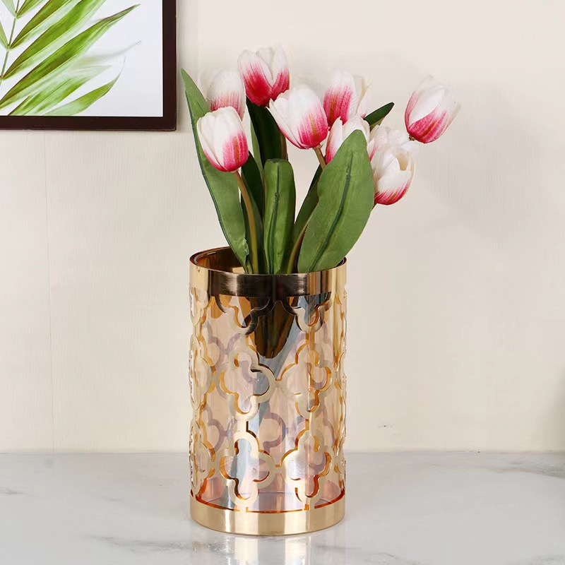 Light Luxury Gold Iron Hollow Geometric Glass Vase Model Room Home Living Room Dining Table Tv Cabinet Flower Decoration Specification drawing