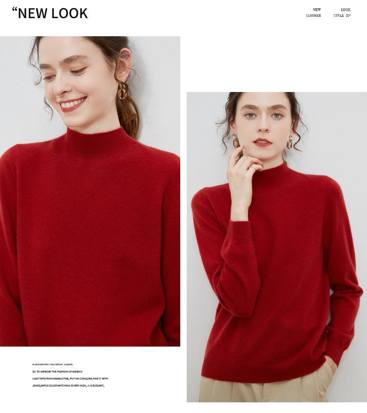 100% ready-to-wear wool sweater for women, semi-high neck, autumn and winter solid color loose pullover, Korean-style knitted base layer sweater pic 36