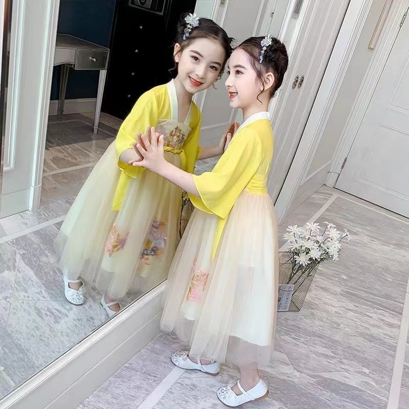 National Trend - Girls' Hanfu Summer Wear, Children's Ancient Chinese style Tang wear, Super Fairy Dress, girls' Chiffon blouse and skirt, summer