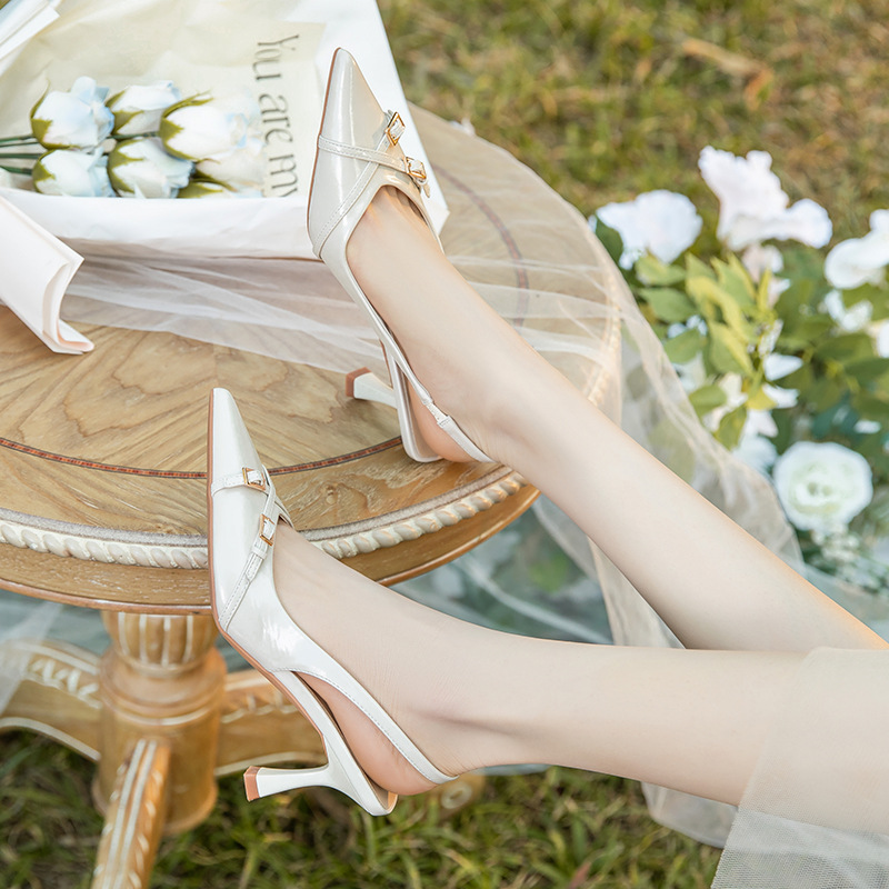 3299-2 sheepskin thin strap cross pointed toe thin heel high-heeled single shoe for women, one-strap elegant flip-top sandals for outerwear details Picture