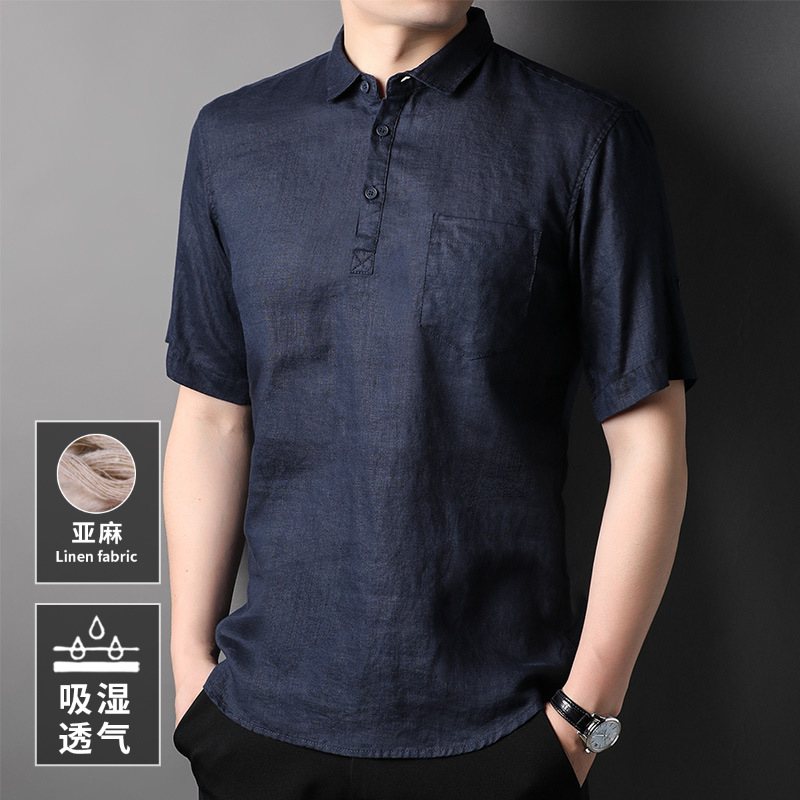100% linen short-sleeved T-shirt, men's lapel, solid color, breathable, new summer Chinese-style, trendy top for middle-aged and young people