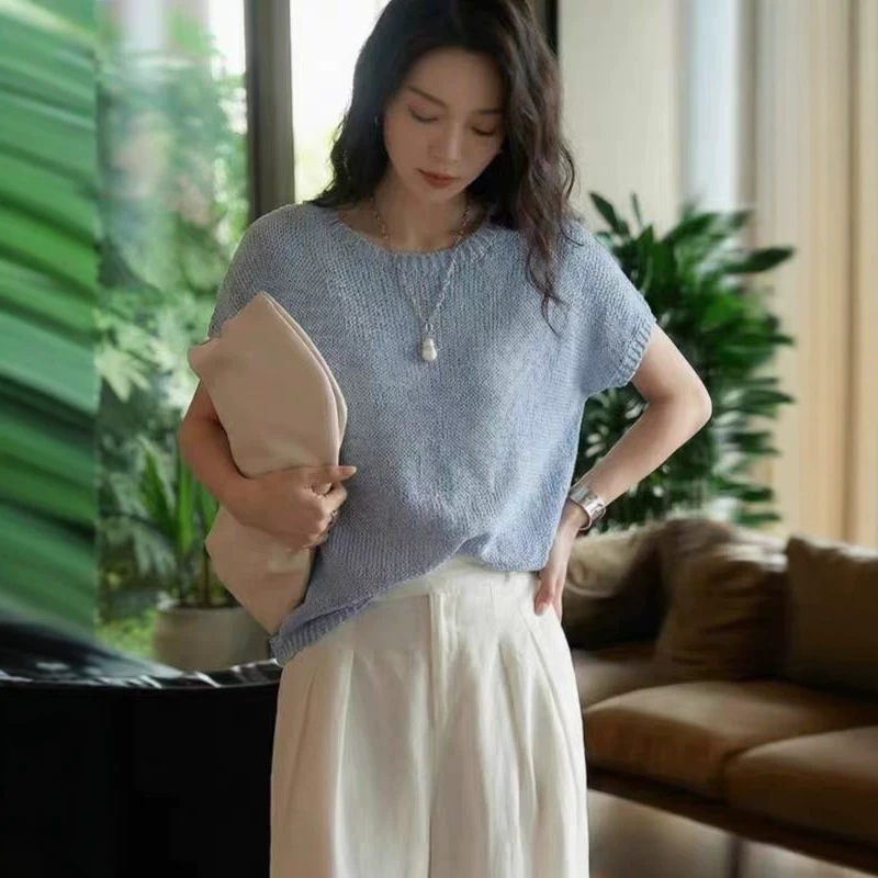 Cool and refreshing Tencel linen summer new knitted short-sleeved T-shirt for women, new round neck loose and breathable thin top for summer Specification image