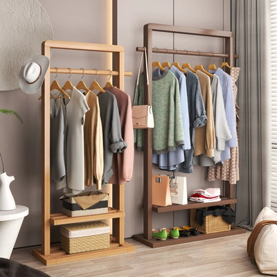 Home Hotel Solid Wood Floor Hanger Room Bedroom Indoor Household Solid Wooden Coat Rack Mobile Hanger