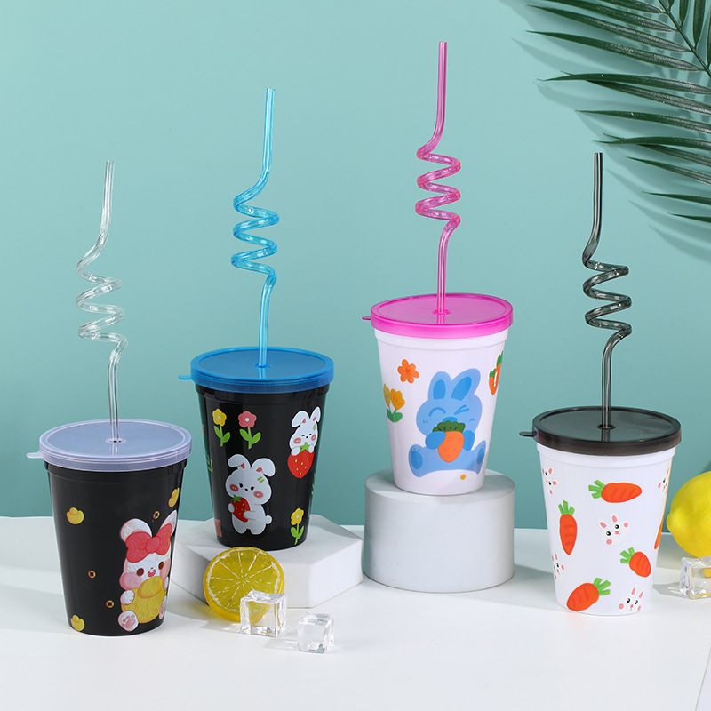 Wholesale Plastic Cup Pp Plastic Straw Cup Children's Cartoon Cup Rabbit Radish Pattern Cup Cross-Border Application Scenario