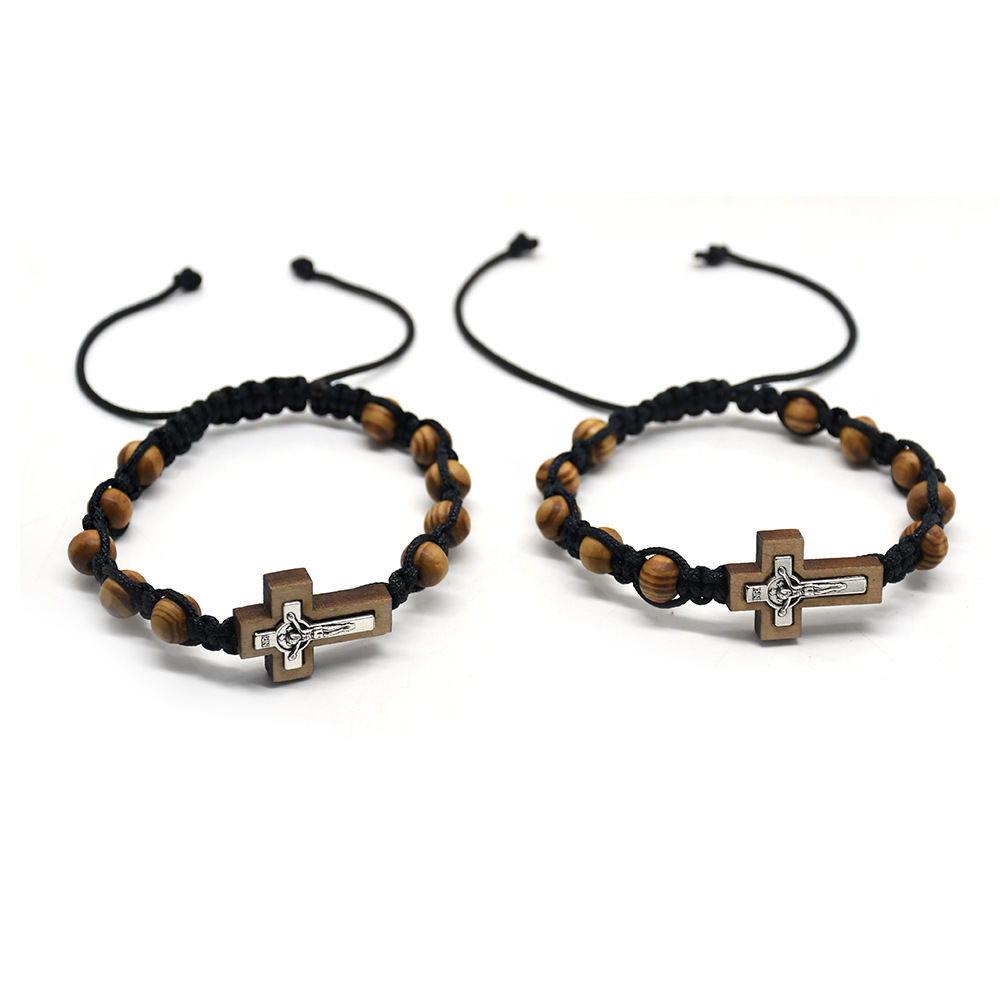 The cross-border trade cross bracelet made of alloy pine wood beads and Chinese knot beads is adjustable details Picture