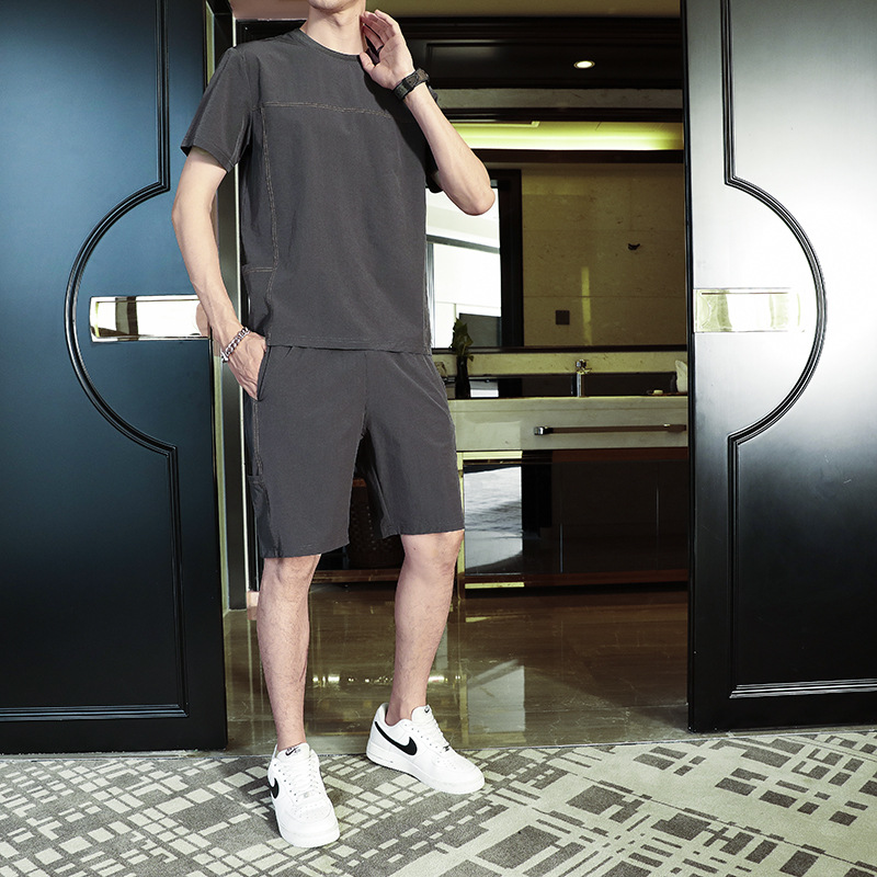Men's casual set for summer, trendy Korean style, paired with a cool ice silk T-shirt, quick-drying clothes, short sleeves and shorts two-piece set Specification image