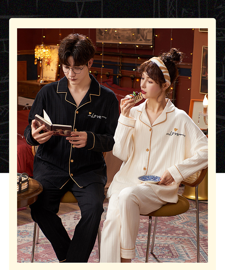 Spring and autumn couple pajamas for women, autumn for men, home wear, long-sleeved shirts, long pants sets, cardigans with front buttons and lapels, casual and home-style pic 4