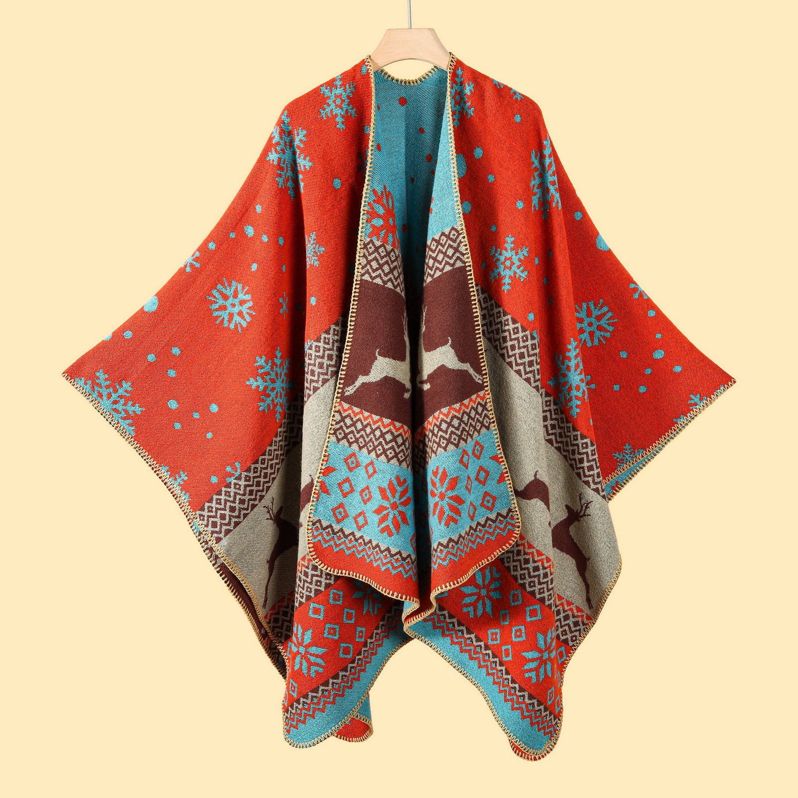 江南水乡文艺旅游披肩秋冬季仿羊绒针织围巾开叉油画披风斗篷外搭详情28