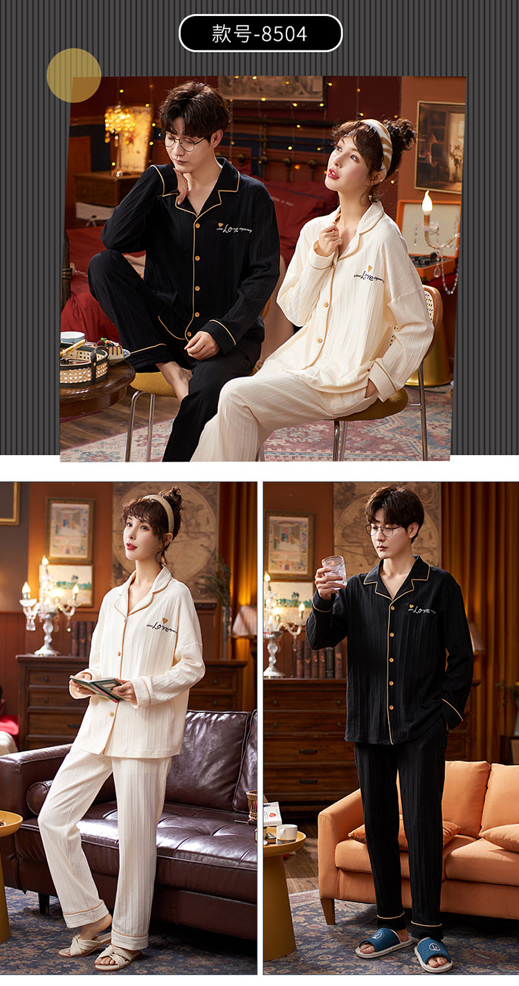 Spring and autumn couple pajamas for women, autumn for men, home wear, long-sleeved shirts, long pants sets, cardigans with front buttons and lapels, casual and home-style pic 5
