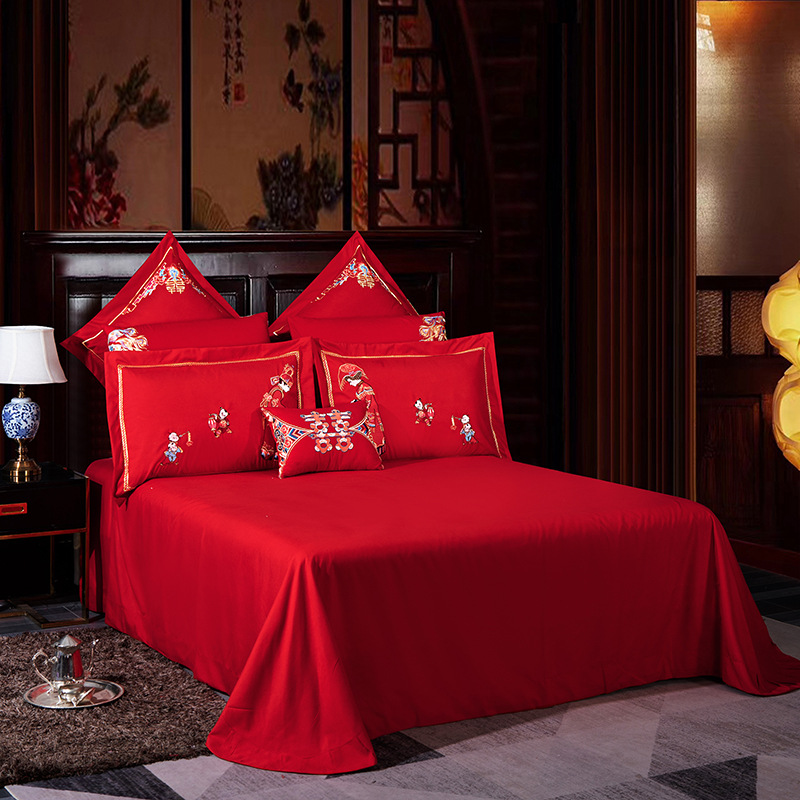 High-end wedding four-piece set of 100 pieces, Chinese red all-cotton embroidered multi-piece set, wedding room bedding consignment details Picture