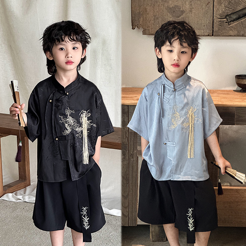 儿童国风汉服套装2025夏季新款男女童麒麟刺绣背心短袖短裤两件套国潮国潮国潮