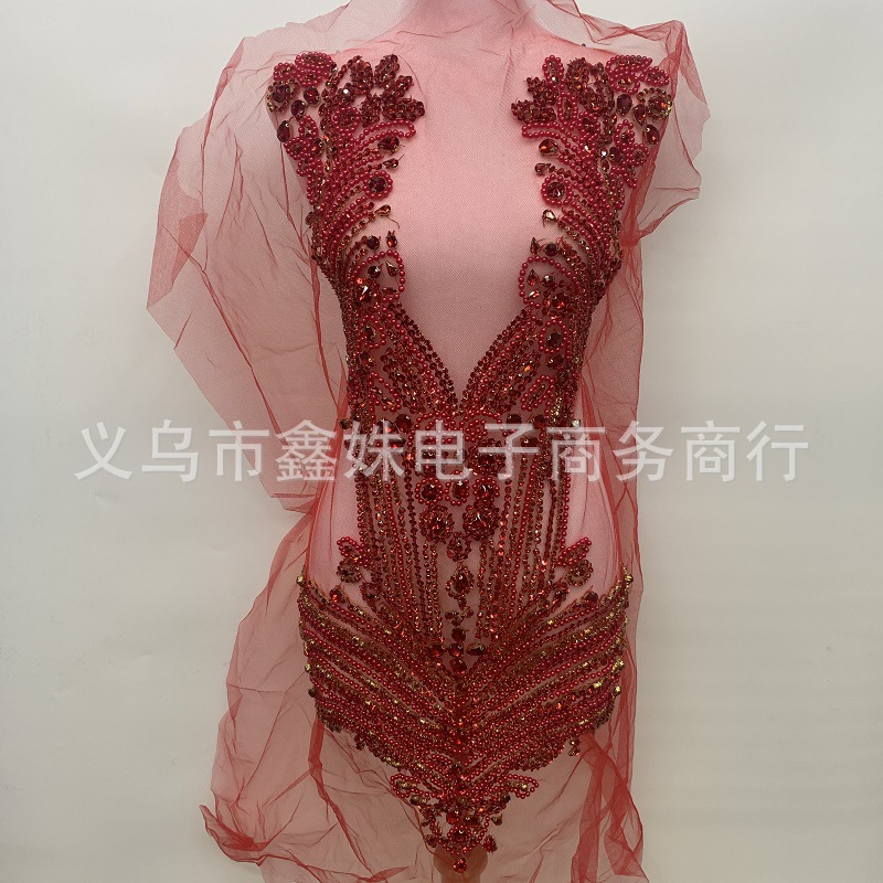 重工红色钉珠蕾丝花边辅料 立体钻花diy配饰材料