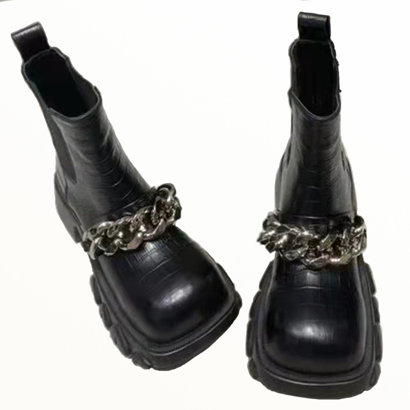 马丁靴2023秋冬新款小众设计大头龙齿粗跟厚底短靴金属链条罗马靴图