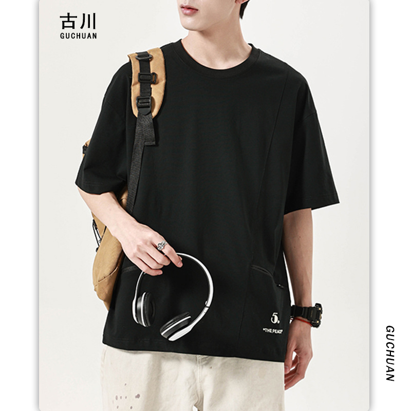 古川男装|夏季潮牌冰丝凉感丝光短袖男士拼接口袋日系套头半袖t男