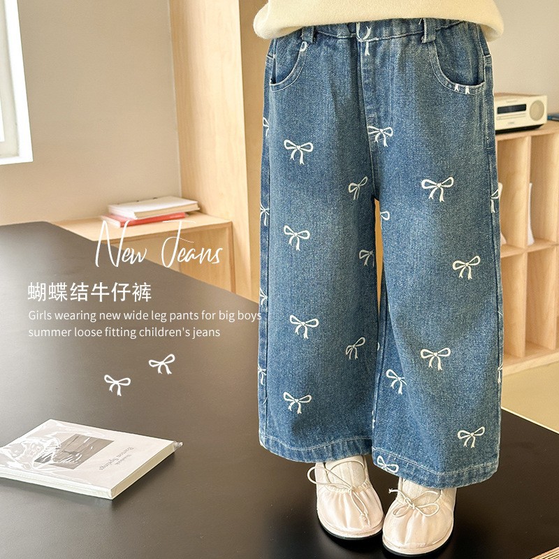 Girls' pants with bow print, wide-leg straight jeans, 2025 autumn new style, high-waisted loose for middle school girls