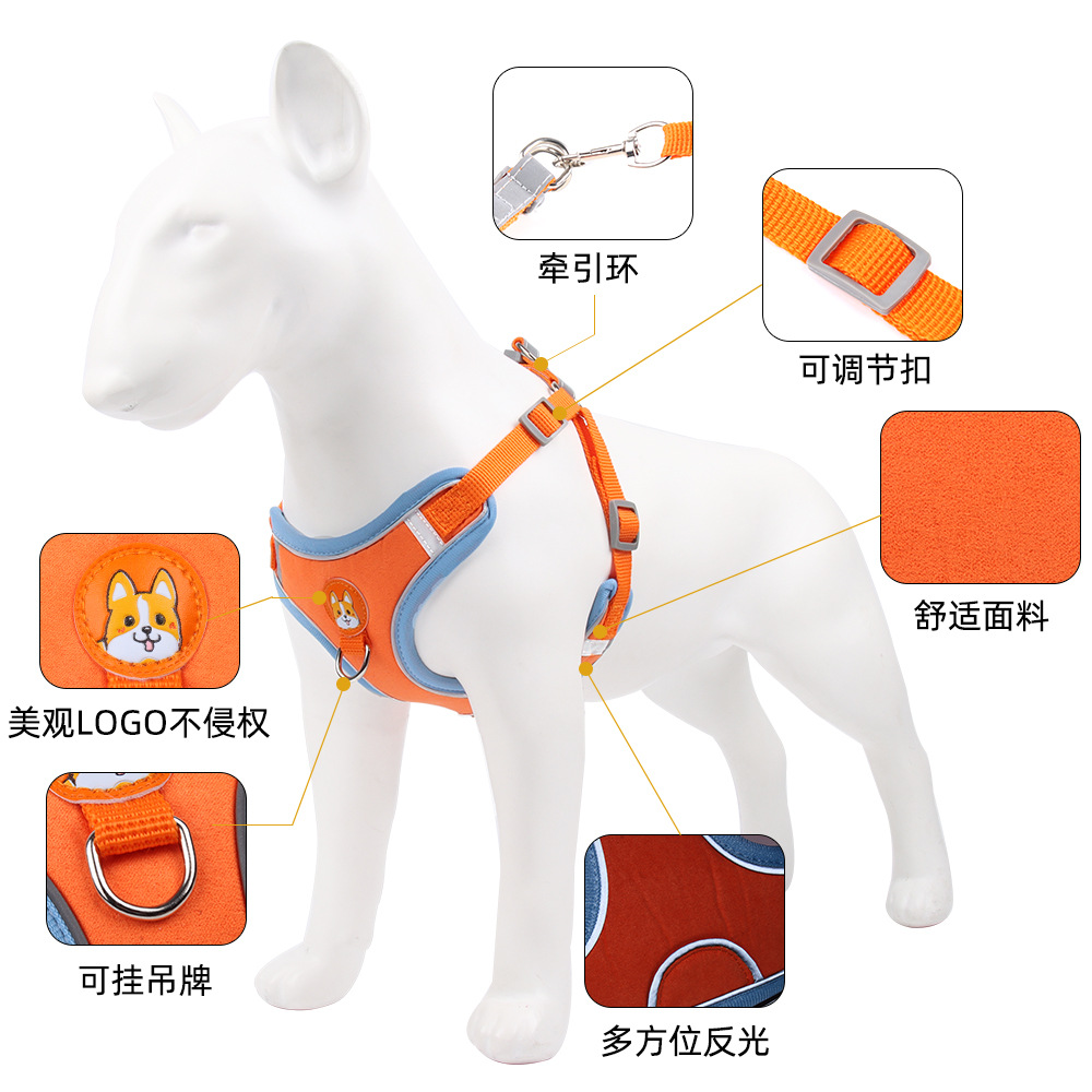 Wholesale of pet chest-back strap, vest, reflective dog leash, breathable cat leash and pet supplies details Picture