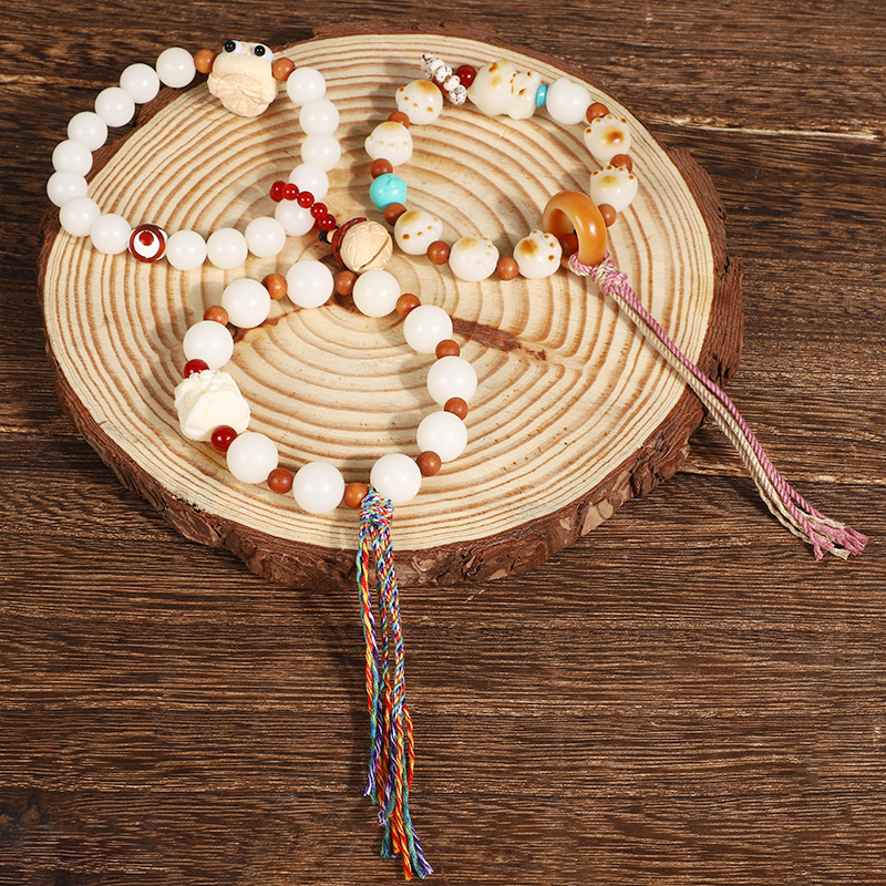Chinese-style white jade Bodhi prayer beads bracelet, retro Gua Gua Lai CAI cultural play bracelet, national trend lion single-ring bracelet Specification image