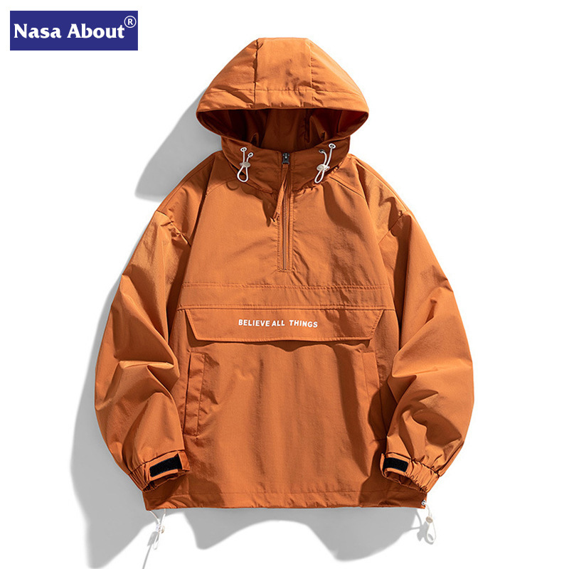 NASA春季纯色日系复古宽松套头夹克男冲锋衣工装连帽外套潮流