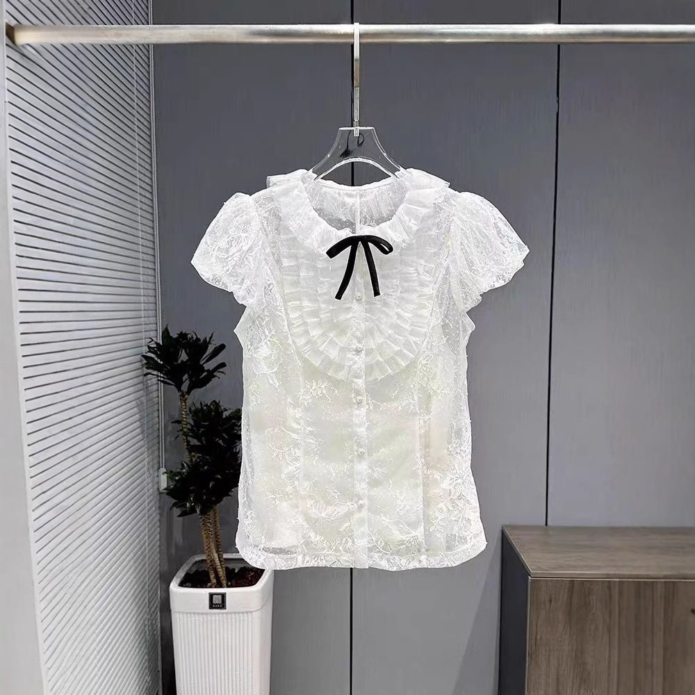 Shenzhen Nanyou Summer French Mesh lace Bow short-sleeved ruffled lace top for Women 2025 New style