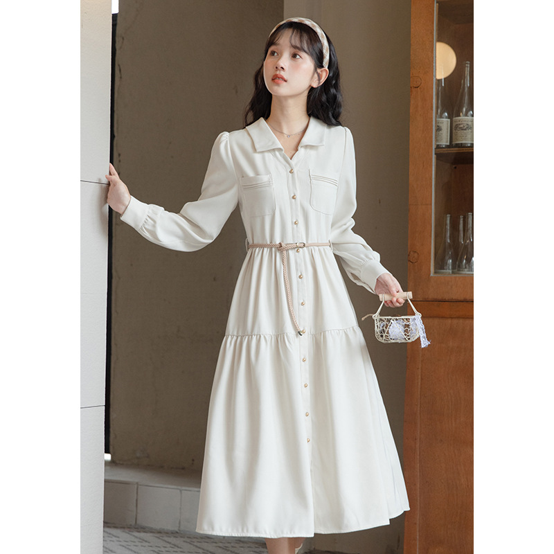 Model's real photo of the 2023 autumn new lapel stylish mid-length commuting dress HUA8481 Application Scenario