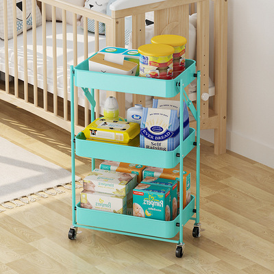 One-button folding three-layer shelving cart shelving floor multi-layer portable kitchen shelving for household baby products Application Scenario
