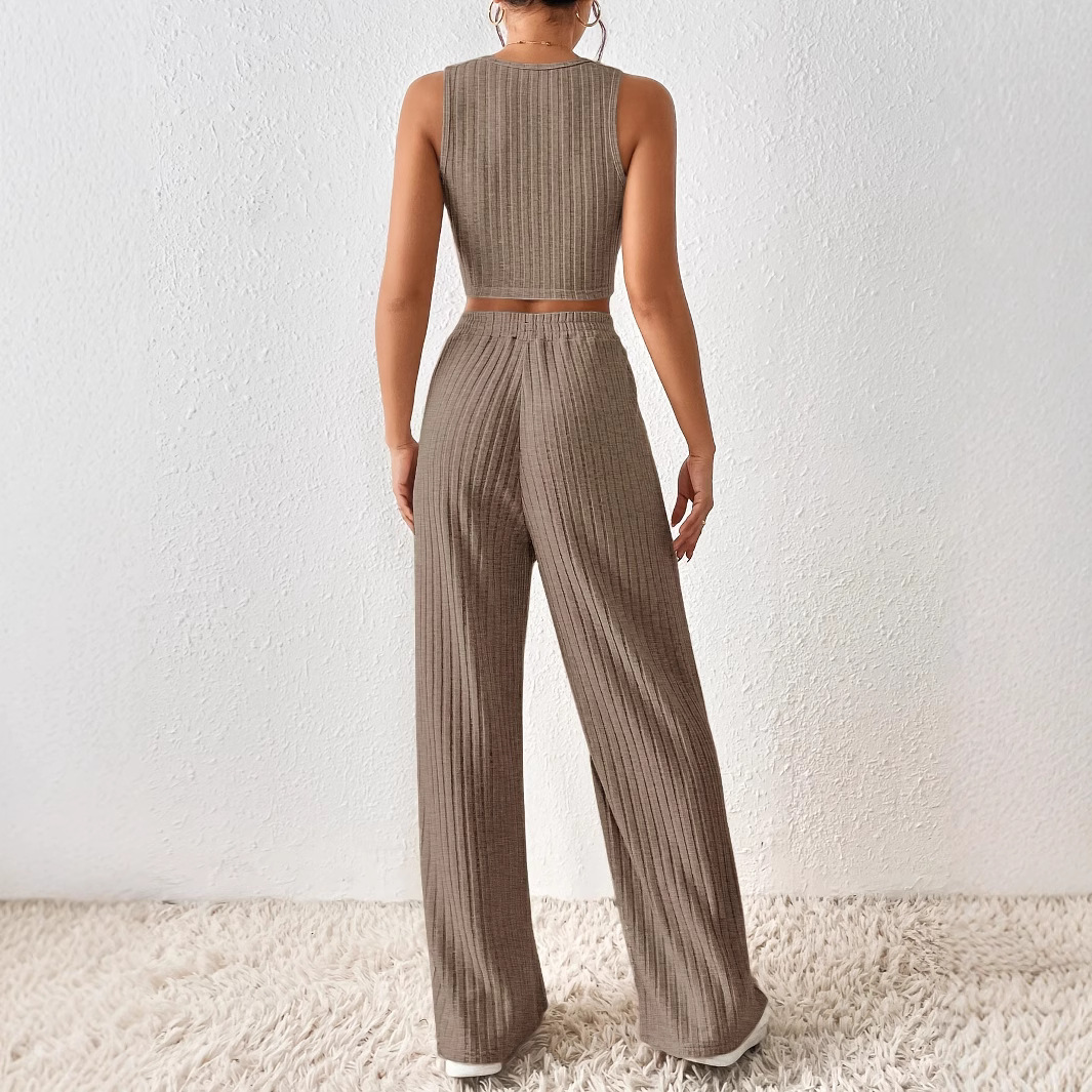 A new two-piece set of solid color round-neck short vest and wide-leg pants for women from cross-border Amazon in Europe and America details Picture